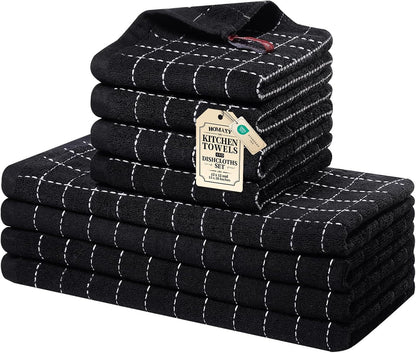 Kitchen Towels and Dishcloths Set, Set of 8, Black | Bulk Cotton Terry Kitchen Towels, Checkered Designed, Soft and Super Absorbent Dish Towels, 12 X 12 and 13 X 28 Inches1