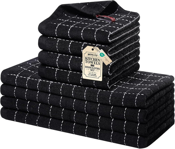 Kitchen Towels and Dishcloths Set, Set of 8, Black | Bulk Cotton Terry Kitchen Towels, Checkered Designed, Soft and Super Absorbent Dish Towels, 12 X 12 and 13 X 28 Inches1