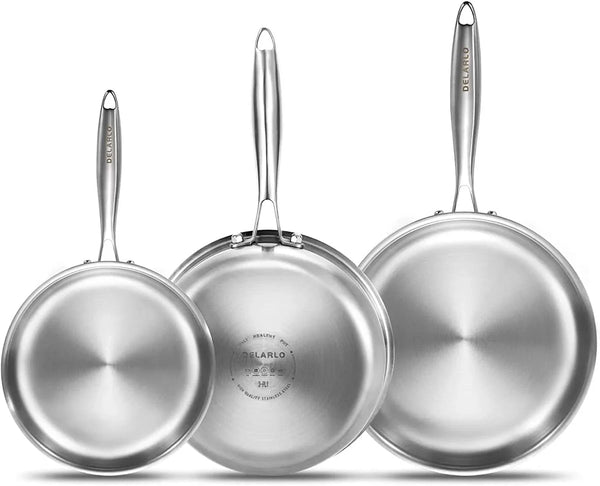 Tri-Ply Stainless Steel Frying Pan Set 8”/10”/12”Kitchen Skillet | Stainless Steel Pan Cooking Heat Fast and Evenly Compatible with All Cooktops Dishwasher and Oven Safe1
