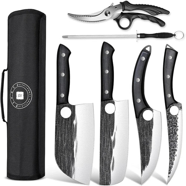 Professional Butcher Knife Set - 7 PCS Hand Forged BBQ Knife Sets | High Carbon Steel, Full Tang, Ergonomic Rosewood Handle, Non-Stick Hammer Texture, Gift Box, for Kitchen Outdoor Cooking1