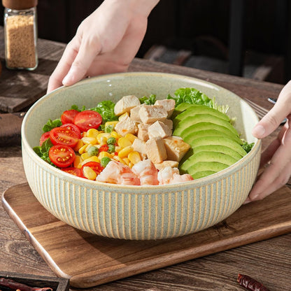 11-Inch Ceramic Serving Bowl, 135 Oz (Approx. 4 Quarts) Large Salad & Mixing Bowl with Striped Glaze Finish（Flambe Green）2