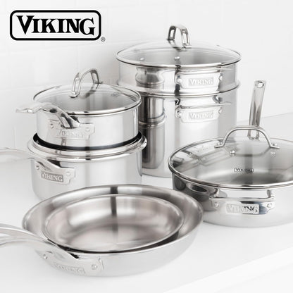 Viking Artisan 3-Ply Stainless Steel 11-Piece Cookware Set with Vented Glass Lids, Fry Pans, Saucepans, Saute Pan, Stock Pot with Strainer Insert, Oven Safe up to 600F6