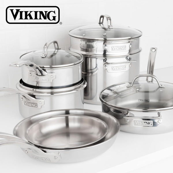 Viking Artisan 3-Ply Stainless Steel 11-Piece Cookware Set with Vented Glass Lids, Fry Pans, Saucepans, Saute Pan, Stock Pot with Strainer Insert, Oven Safe up to 600F6