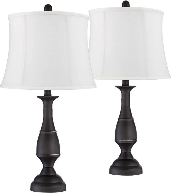 Ben 25" High Table Lamps Set of 2 Dark Bronze Brown Farmhouse White Shade | Traditional Rustic Candlestick Metal Bedroom Living Room House Bedside Nightstand Office Softback Drum Shade1