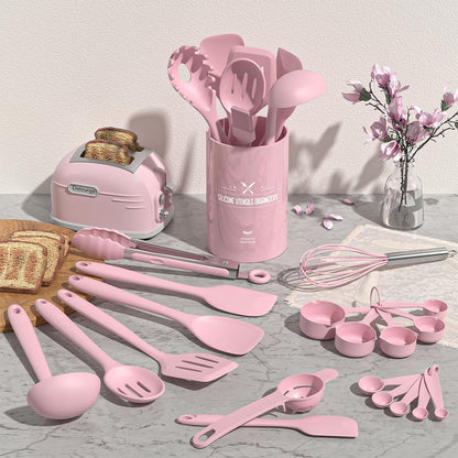 22-Piece Silicone Cooking Utensils Set, Heat Resistant & Dishwasher Safe Kitchen Tools, Non-Scratch Spatula Set for Nonstick Cookware (Pink)2