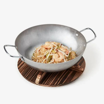 13” Carbon Steel Wok – Flat Bottom Stir Fry Pan with Dual Steel Handles – Includes Convertible Wood Trivet Lid – Pre-Seasoned, Induction & Gas Compatible – Professional Grade Cookware5