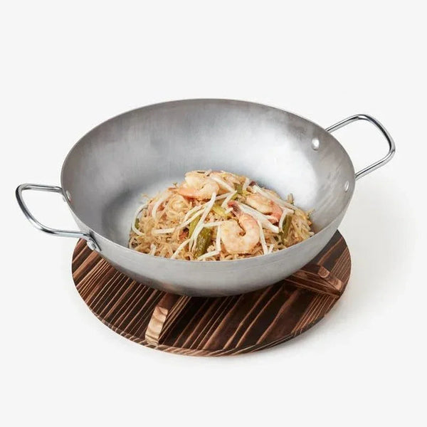 13” Carbon Steel Wok – Flat Bottom Stir Fry Pan with Dual Steel Handles – Includes Convertible Wood Trivet Lid – Pre-Seasoned, Induction & Gas Compatible – Professional Grade Cookware5