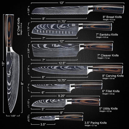 SENKEN 8-Piece Premium Japanese Kitchen Knife Set with Laser Damascus Pattern - Imperial Collection - Chef'S Knife, Santoku, Bread, Paring & More, Ultra Sharp for Very Fast Cutting7