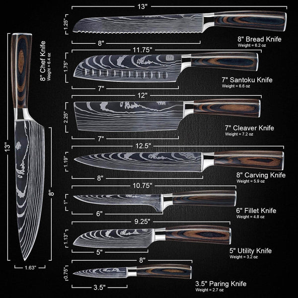 SENKEN 8-Piece Premium Japanese Kitchen Knife Set with Laser Damascus Pattern - Imperial Collection - Chef'S Knife, Santoku, Bread, Paring & More, Ultra Sharp for Very Fast Cutting7