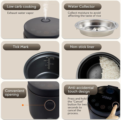 Low Carb Sugar Rice Cooker 2 Cups Uncooked and 4 Cups of Regular Cooking Small Carb Reducing Maker Rice and Grain Multi-Cooker with Stainless Steel and Nonstick Inner Pot6