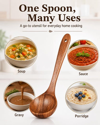 Wooden Soup Spoon, Natural Teak Wood Soup Ladle with Long Handle, Deep Scooper Serving Spoon for Soup, Gravy, Sauce, Porridge & Stew, No-Scratch Cooking Utensil for Nonstick Cookware, 10.6"6