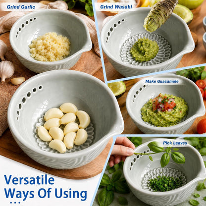 Garlic Grater Herb Stripper Ceramic Bowl - 3 in 1 Garlic Grater Plate,9 Oz2