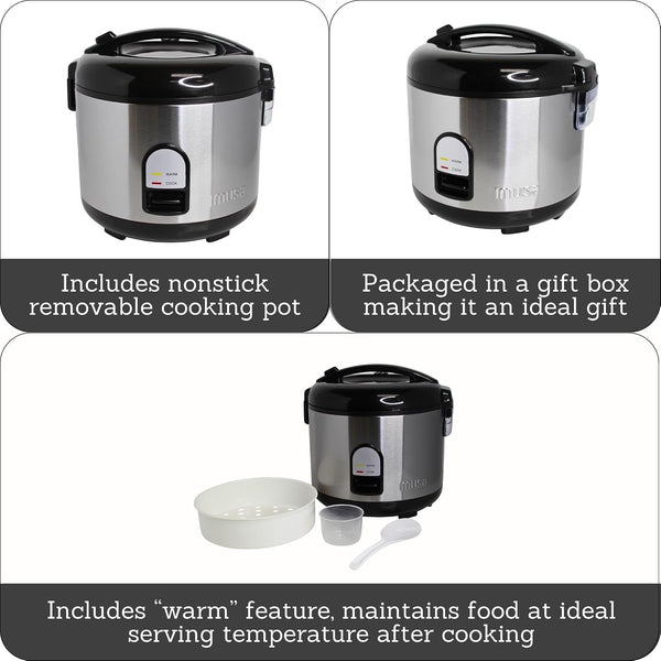 10 Cup Deluxe Stainless Steel Electric Rice Cooker with Steam Tray | Mirror-Polished Finish, Steam Tray Nonstick Pot, Ideal for Rice and Grains, Great for Large Family Dinners2
