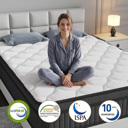 12 Inch Queen Size Mattress, Individually Wrapped Pocket Spring Mattress in a Box, Medium Firm, Breathable Skin Friendly Knit Cover with Fireproof Sponge, Pressure Relief & Motion Isolation,White4