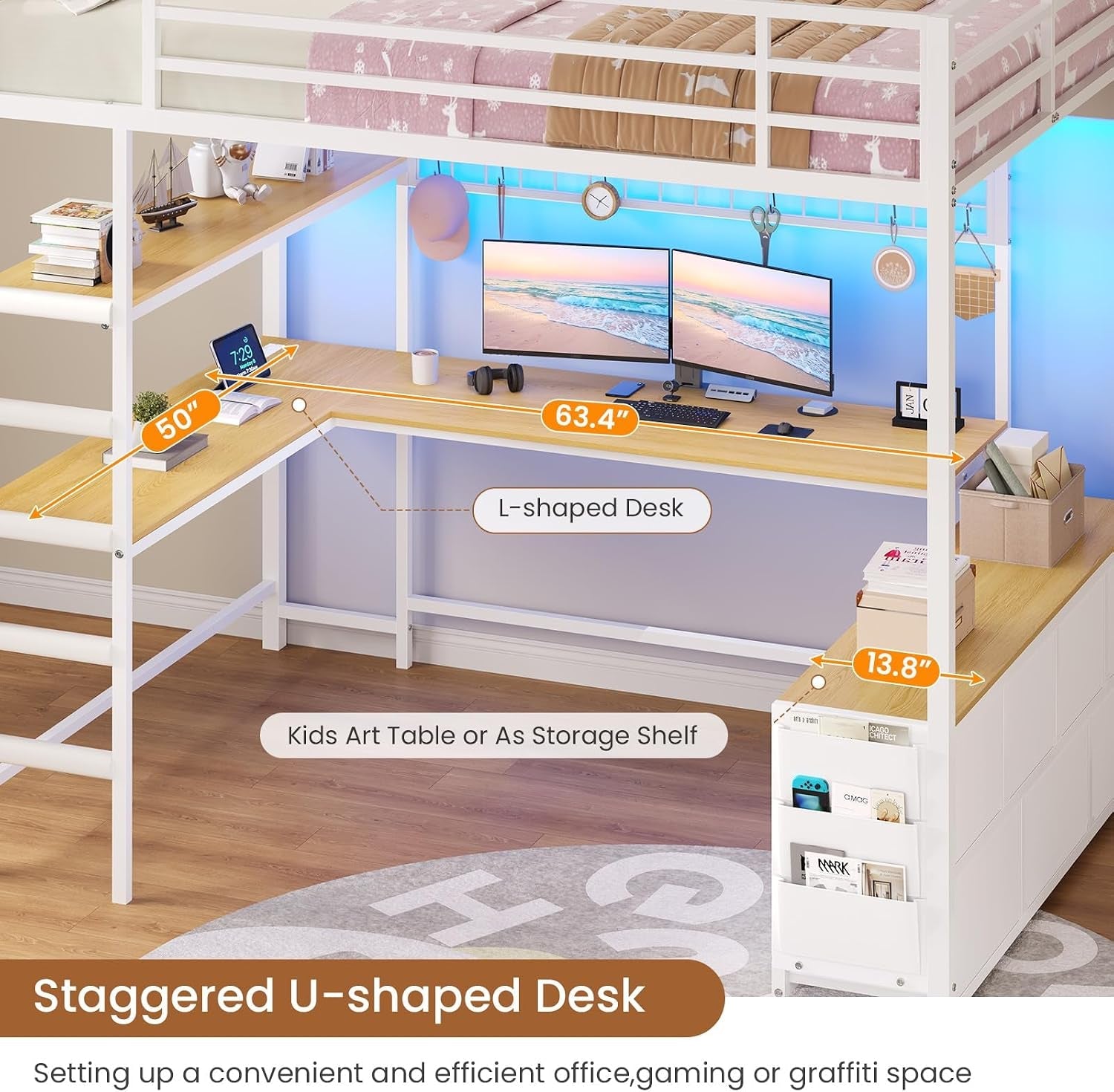 loft-bed-full-size-with-u-shaped-desk-7-storage-drawers-and-charging-station-metal-full-loft-bed-with-led-lights-and-2-tier-storage-shelves-loft-full-bed-with-safety-guardrail-and-ladders-white
