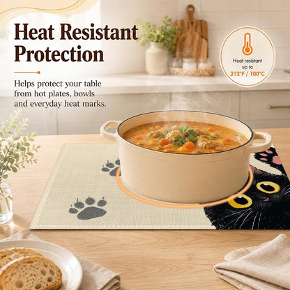 Dining Table Placemats Set of 6, Black Cat Paw Linen Table Mats 12 X 18 Inch, Washable Waterproof Stain Resistant Reusable Place Mats for Kitchen, Home Party Decor, Daily Use3