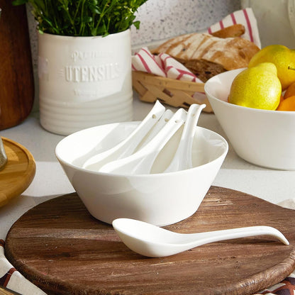 Soup Spoons, Ceramic Asian Soup Spoons, White Japanese Spoon Large for Ramen Pho Wonton Dumpling Miso, Deep Oval Hook Design, Set of 4 (4, Soft White)8