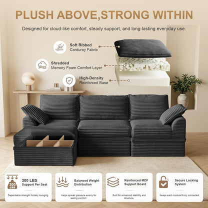 Upgraded Boneless Couch with Storage, Sectional Couches for Living Room, L-Shaped Modular Cloud Corduroy Sofa with Ottoman & Pillows, Oversized Deep Seat Memory Foam Couch, No Assembly(Gray, 107" L)6