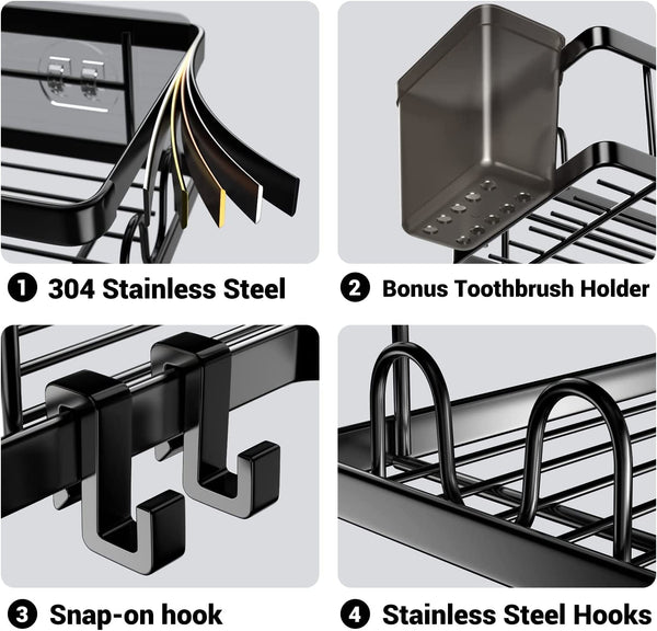Corner Shower Caddy, 2 Pack Adhesive Shower Corner Organizer Shelves, No Drilling Stainless Steel Shower Storage Rack with Hooks&Toothpaste Holder for Bathroom Kitchen （For 90° Corners Only）4