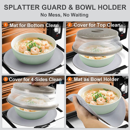 2 in 1,  Microwave Splatter Cover for Food & Silicone Microwave Mat, Mat as Bowl Holder, Trivet, Pot Holders, Drying, Baking, Utensils Rest for Kitchen Counter, Dishwasher Safe, Grey2