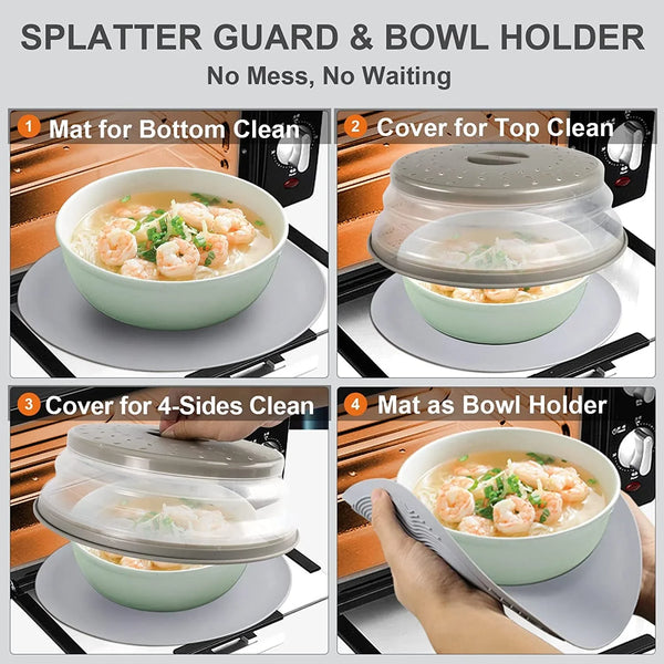 2 in 1,  Microwave Splatter Cover for Food & Silicone Microwave Mat, Mat as Bowl Holder, Trivet, Pot Holders, Drying, Baking, Utensils Rest for Kitchen Counter, Dishwasher Safe, Grey2