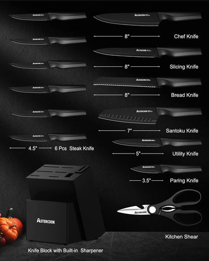 15 Pieces Kitchen Knife Block Set with Sharpener, Black | Built-In Sharpener Block, Dishwasher Safe, German Stainless Steel, Ergonomic Handle, Kitchen Weddings Birthdays Gift2