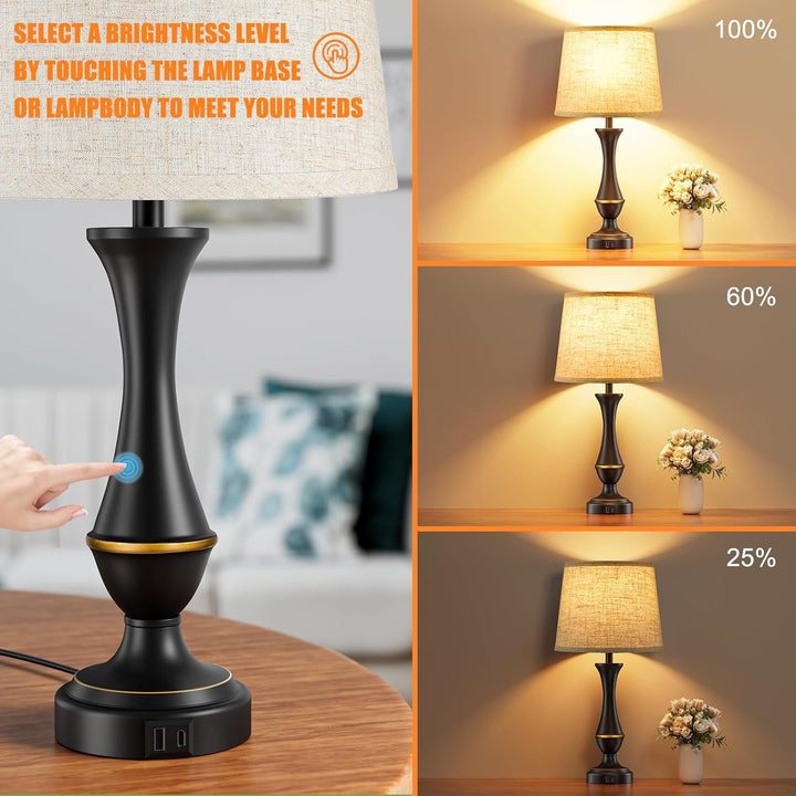 Touch Lamps for Nightstand, 3 Way Dimmable Lamps for Bedroom with USB C+A | Touch Control, USB C+A Charging Ports, Table Lamps for Living Room, Night Stands, Bedside, Bedroom, Bulb Included, Black+2