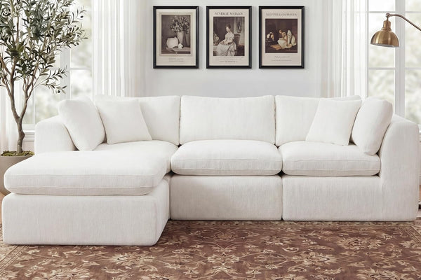 110'' Oversized Boneless Cloud Couch for Living Room, Modern Big Sectional Compressed L Shape Couch with Ottoman, Comfy Chenille Deep Seat Memory Foam Spineless 4 Seater Sofa, Beige9