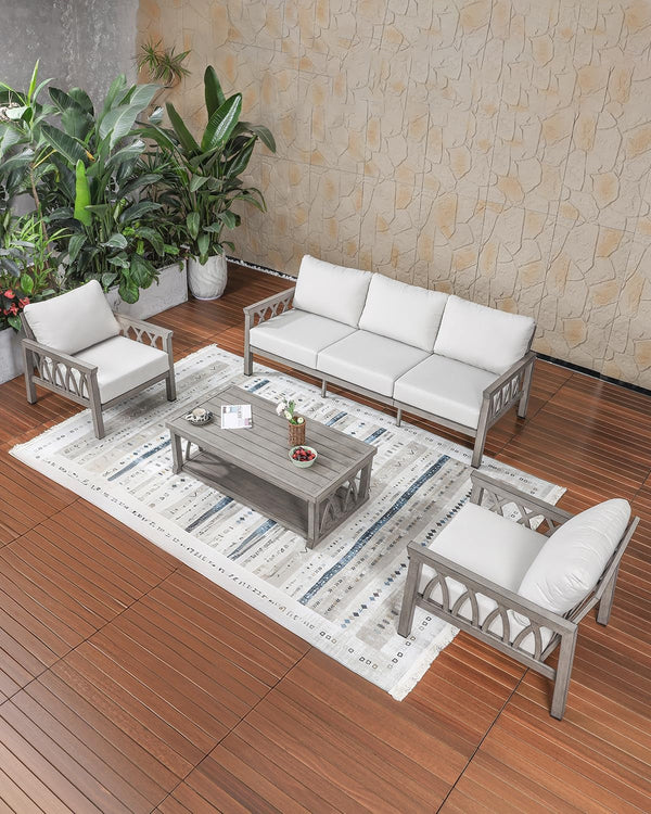 Aluminum Outdoor Patio Furniture Set, 4-Piece Outdoor Sofa Set with 3-Seat Sofa, 2 Armchairs & Coffee Table, Outdside Sofa Set Patio Conversation Set with Cushions for Deck, Balcony, Limed Oak5