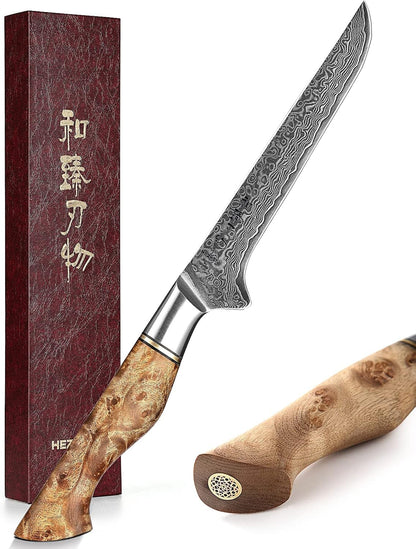 6-Inch Boning Knife – 67 Layers Damascus Steel, Professional Meat Trimming & Deboning Knife for Home Cooking, Figured Sycamore Handle1
