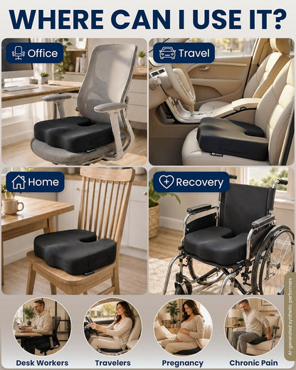 Seat Cushion - Memory Foam Chair Cushion for Tailbone Pain Relief - Ergonomic Support for Coccyx, Sciatica & Butt - Office, Desk & Gaming Chair, Car Seat, Wheelchair, Airplane, Black3