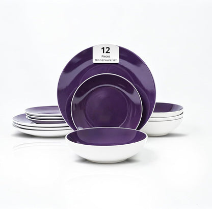 Homevss, Stoneware Coupe Shape 12Pc Dinnerware Set, outside White + inside Purple1