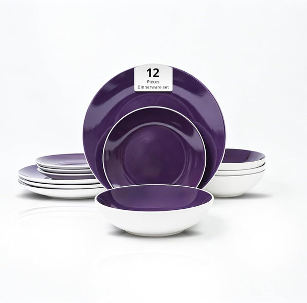 Homevss, Stoneware Coupe Shape 12Pc Dinnerware Set, outside White + inside Purple1
