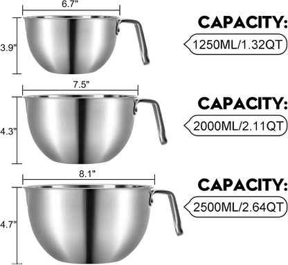 3 Pieces 304 Stainless Steel Mixing Bowls, 1.3/2.1/2.6 Quart Mixing Bowl Set with Handle, Pour Spouts & Measurement Marks, Metal Nesting Bowls with Silicone Spatula for Baking Cooking2