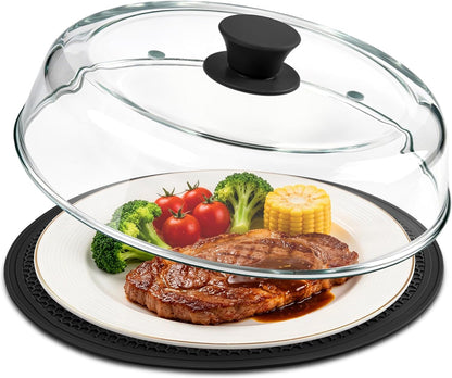 10Inch Glass Microwave Splatter Cover for Food with Silicone Mat – Heat Resistant Plate Splatter Guard Lid with Vent Holes & Easy-Grip Handle – BPA Free, Dishwasher Safe1