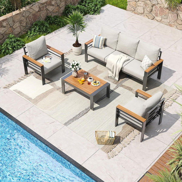 Aluminum Patio Furniture Set 5 Seats, Oversized Outdoor Sectional with Washable Thick Cushions, Coffee Table, Patio Conversation Sets for Porch, Balcony, Deck1
