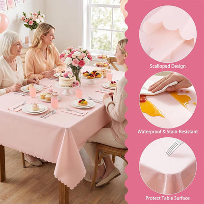3 Pcs Plastic Light Pink Tablecloths, Scalloped Table Cloths | 54 X 108 Inch Pink Table Covers Rectangle for Girl Birthday, Wedding, Baby Bridal Shower, Tea Party, Leakproof & Sturdy4