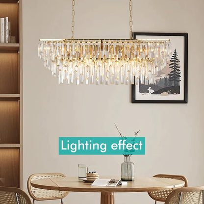 31.5" Modern Rectangle Crystal Chandelier, Gold Linear Pendant Light with Clear Crystal Prisms, Luxury Island Lighting Fixture for Dining Room Kitchen Table Living Room5