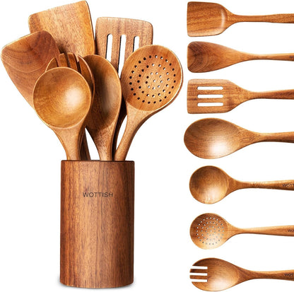 Wooden Spoons for Cooking - 8-Piece Wooden Kitchen Utensil Set Made of Natural Solid Wood Material-Includes Spoons,Spatulas,Ladles,Mixing Spoon and Utensil Holder,Valentine'S Day Gifts1