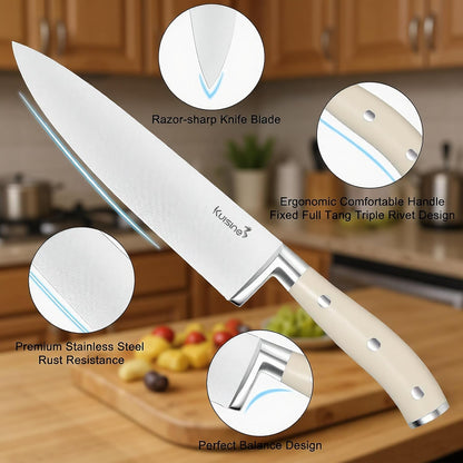 Upgraded Knife Set High Carbon Stainless Steel Ultra Sharp Blade Ergonomic Handle,Knife Block Set with Built-In Sharpener(Ivory Acacia,15Pcs)3
