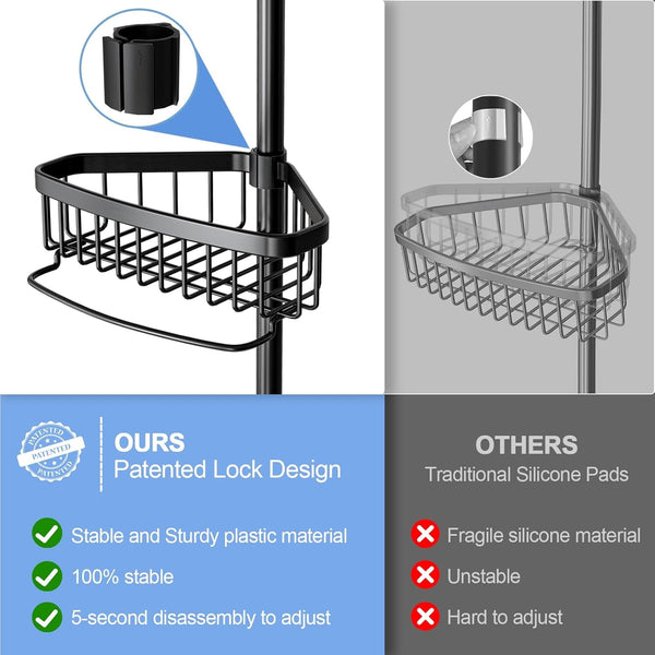 Corner Shower Caddy Tension Pole: Adjustable Rustproof 4-Tier inside Bathroom Organizer - 47-121 Inch Quick Installation Bathtub Shelves for Shampoo Storage - Rod Floor Standing Bath Rack - Black3
