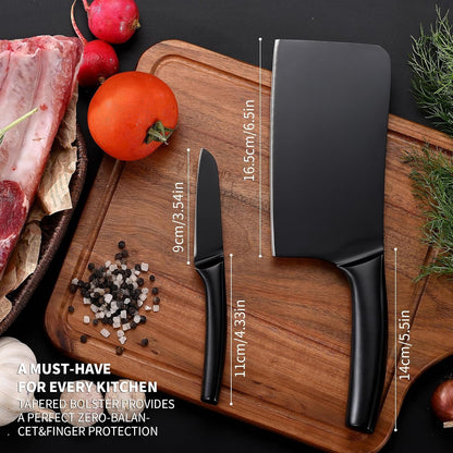 Chopping Knife and Fruit Knife,Black Ti Coating Kitchen Knife Set Meat Bone Chopper Meat Knives Paring Knives with Anti-Slip Hollow Handle7