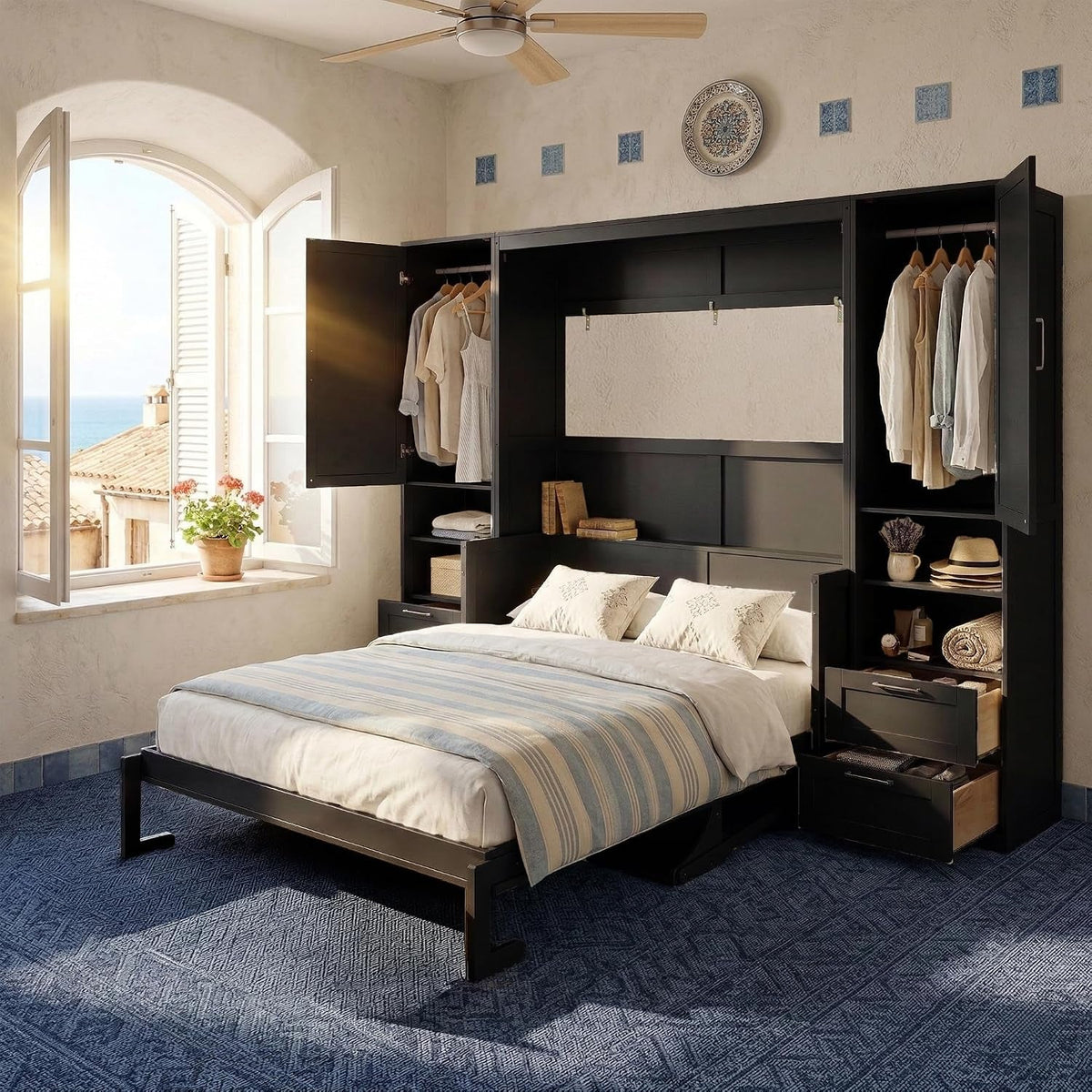 queen-murphy-bed-with-side-wardrobes-drawers-queen-size-wall-bed-frame-multi-functional-hidden-fold-down-cabinet-bed-with-clothing-hanging-rods-open-shelves-black