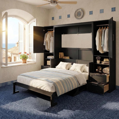 Queen Murphy Bed with Side Wardrobes & Drawers, Queen Size Wall Bed Frame, Multi-Functional Hidden Fold down Cabinet Bed with Clothing Hanging Rods & Open Shelves, Black3
