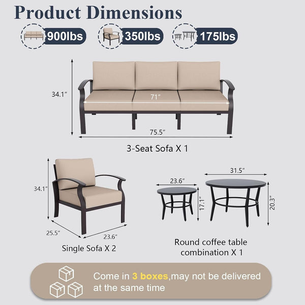 Aluminum Patio Furniture Set with round Coffee Tables, 5-Seat Outdoor Sectional Furniture W/5.1" Cushions, Patio Conversation Set for Porch, Backyard, Poolside-Sand3