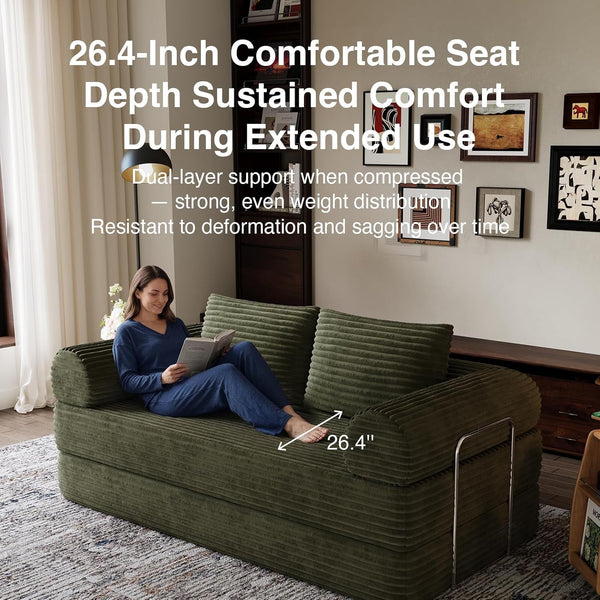 75" Convertible Futon Sofa Bed, Boneless Couch with Smarts Coil® Support & High-Density Foam, No Assembly Corduroy Folding Loveseat Floor Sleeper for Living Room, Apartment, Bedroom, Green10