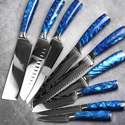 SENKEN 8-Piece Japanese Knife Set - Blue Resin Handle, Laser Damascus Blades - Chef'S, Santoku, Bread & Paring Knives7