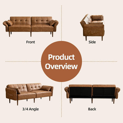 85" Futon Faux Leather Couch with Adjustable Armrests Brown8