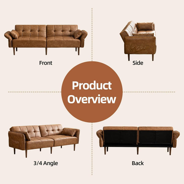 85" Futon Faux Leather Couch with Adjustable Armrests Brown8