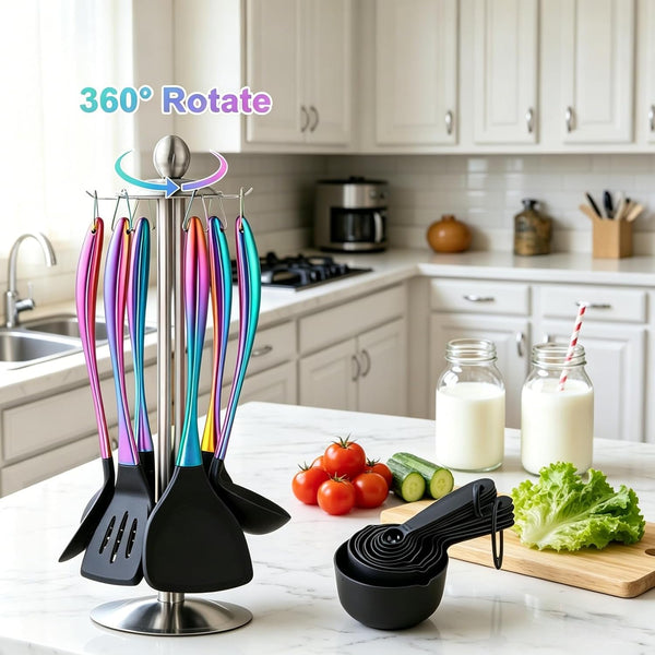 Silicone Cooking Utensils Set, 17Pcs Kitchen Utensil Set with Rotatable Holder, Heat-Resistant Silicone Utensils for Cooking, Non-Stick Spatula Set with Stainless Steel Handle,Turner,Ladle (Rainbow)4